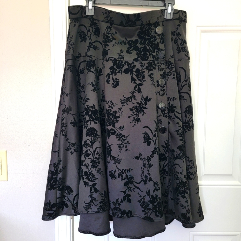 Jemma Black Satin Velvet Burnout Floral A Line Skirt Party Cocktail Size XL